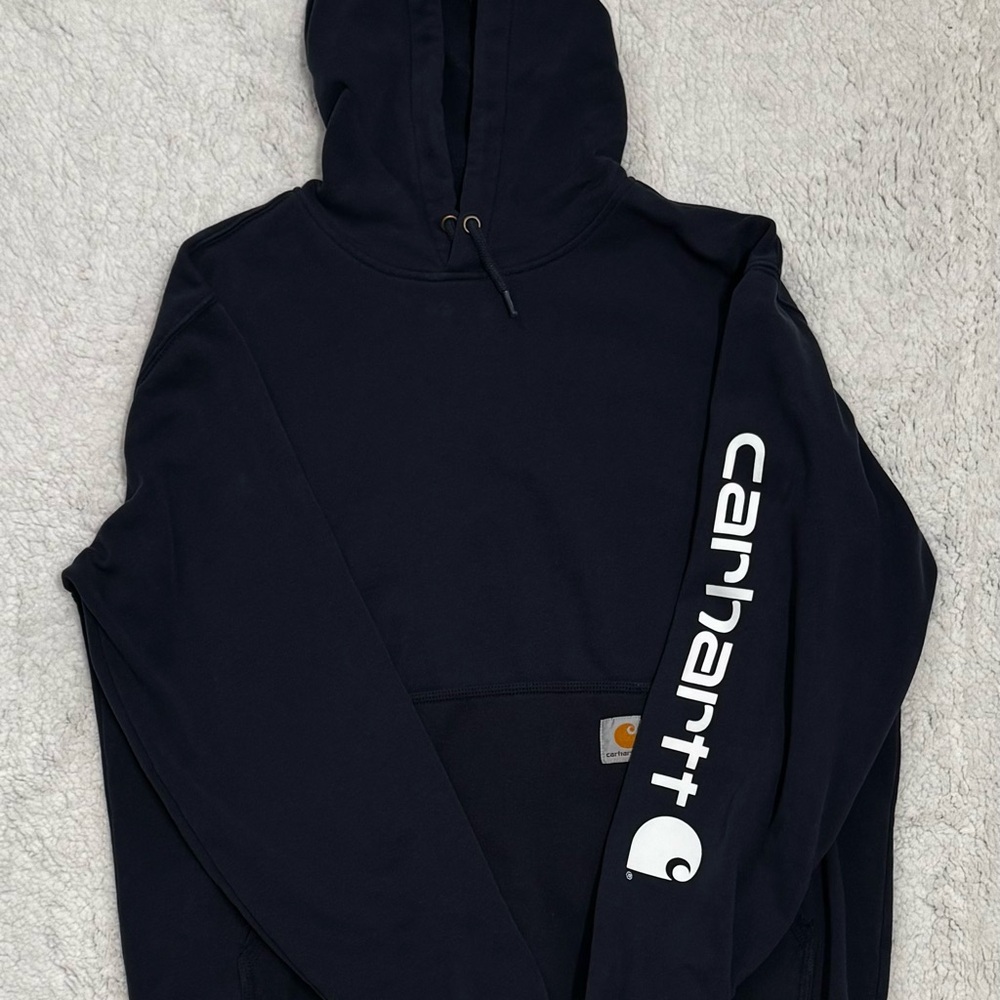 Carhartt Navy Hoodie with White Sleeve Logo